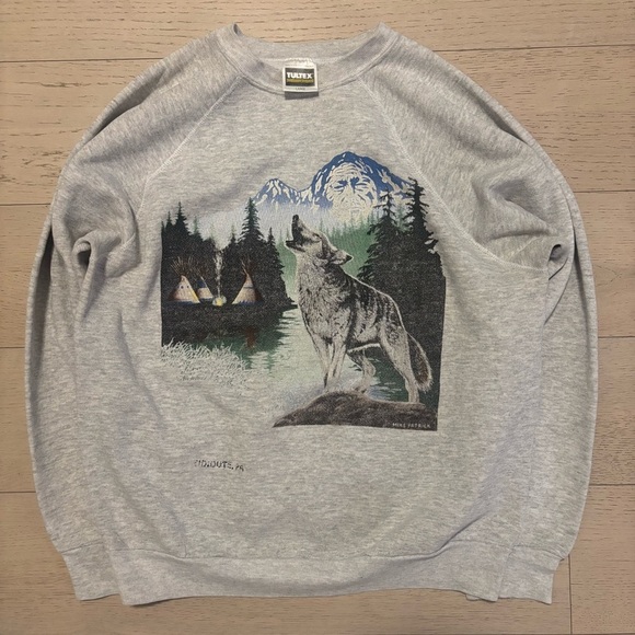 Tultex Other - VTG Nature Sweatshirt Mens Large Gray Wolf Native American Mountains Tultex 90s